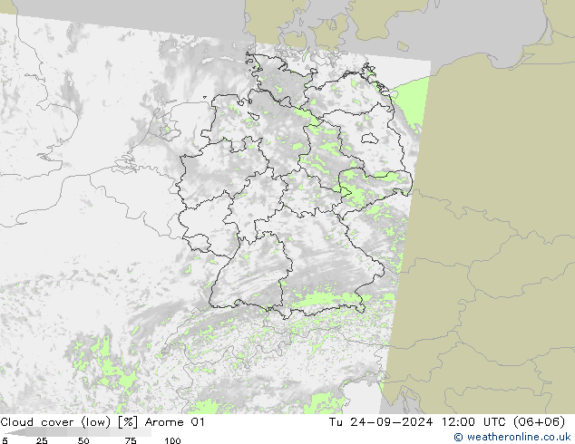 Cloud cover (low) Arome 01 Tu 24.09.2024 12 UTC