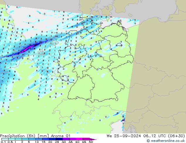 Precipitación (6h) Arome 01 mié 25.09.2024 12 UTC