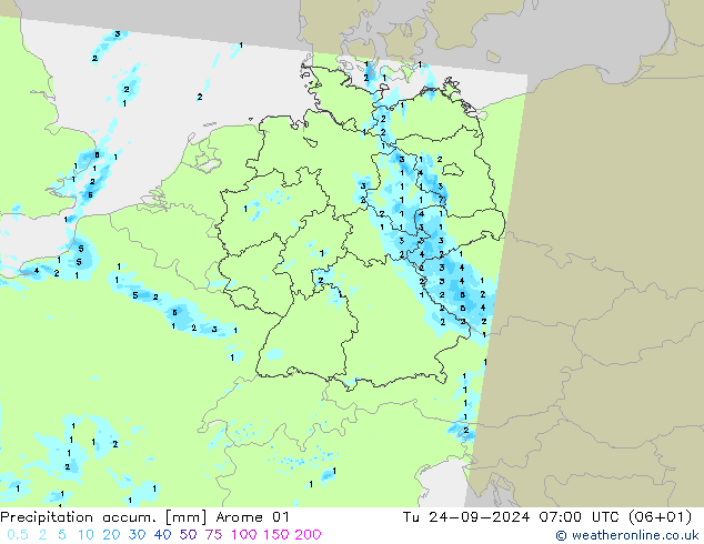 Precipitation accum. Arome 01 Tu 24.09.2024 07 UTC