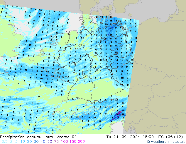 Totale neerslag Arome 01 di 24.09.2024 18 UTC