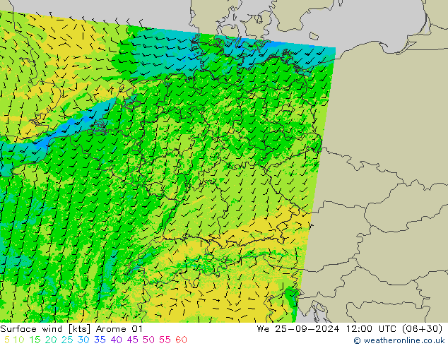 Viento 10 m Arome 01 mié 25.09.2024 12 UTC