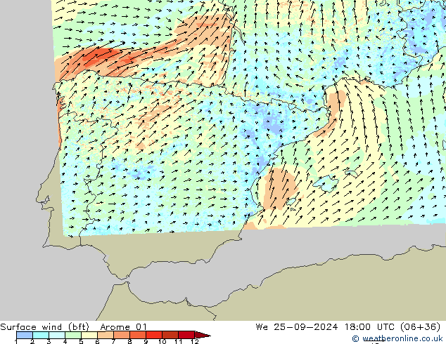 Surface wind (bft) Arome 01 We 25.09.2024 18 UTC