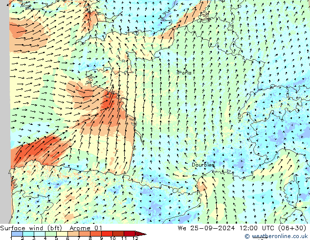 Surface wind (bft) Arome 01 St 25.09.2024 12 UTC