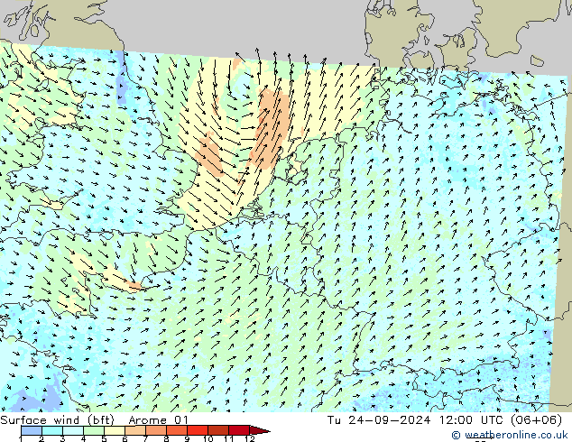 Rüzgar 10 m (bft) Arome 01 Sa 24.09.2024 12 UTC