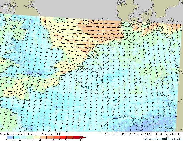 Wind 10 m (bft) Arome 01 wo 25.09.2024 00 UTC