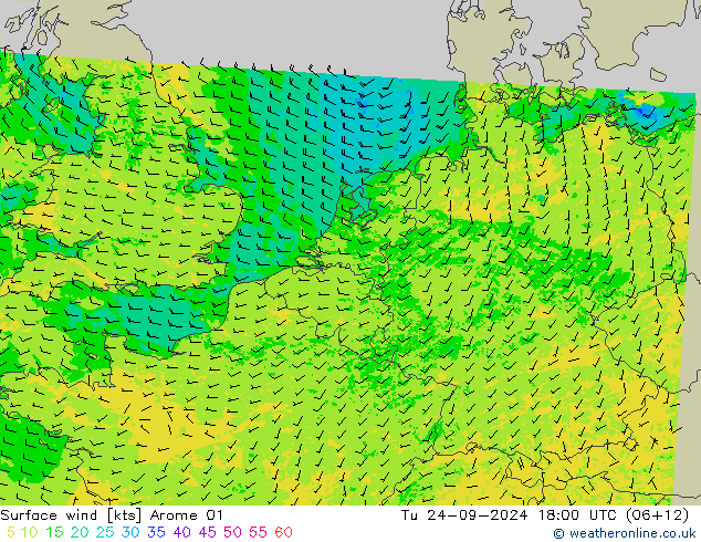 ветер 10 m Arome 01 вт 24.09.2024 18 UTC