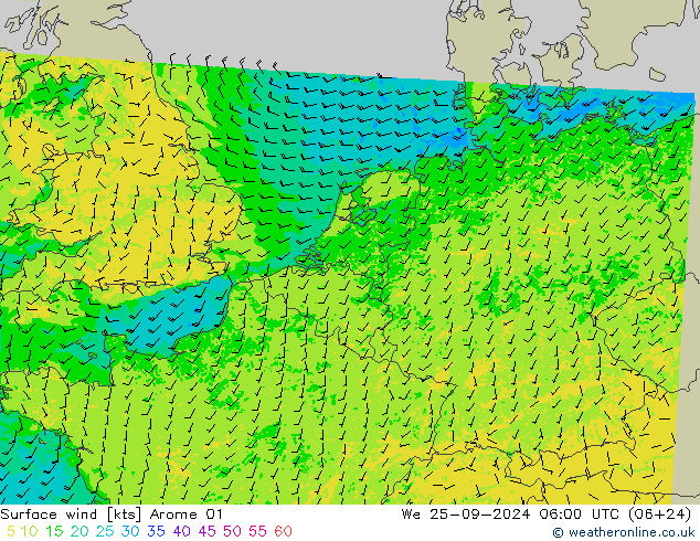 Rüzgar 10 m Arome 01 Çar 25.09.2024 06 UTC