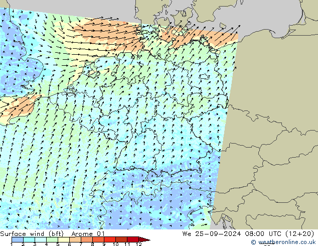 Viento 10 m (bft) Arome 01 mié 25.09.2024 08 UTC