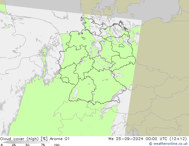 Cloud cover (high) Arome 01 We 25.09.2024 00 UTC