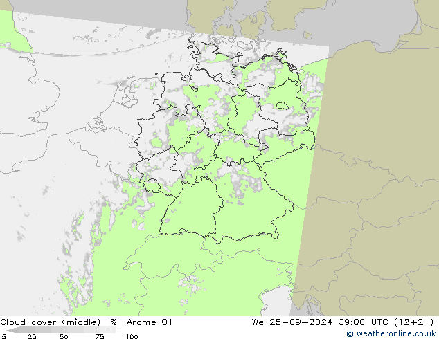 Cloud cover (middle) Arome 01 We 25.09.2024 09 UTC