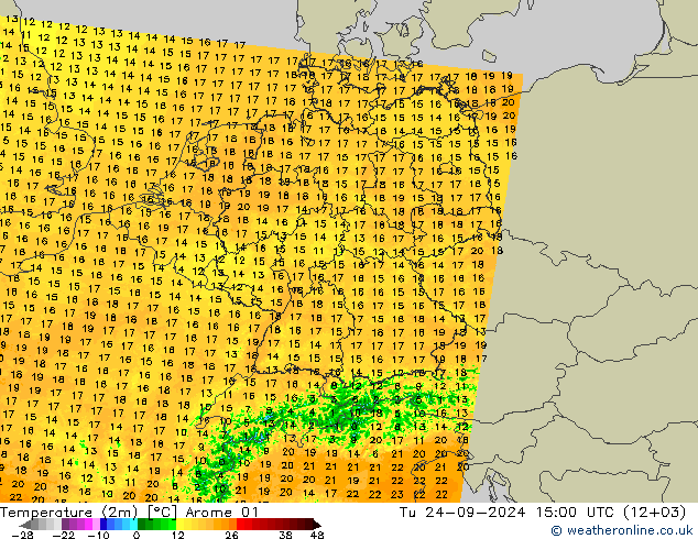 Temperatuurkaart (2m) Arome 01 di 24.09.2024 15 UTC