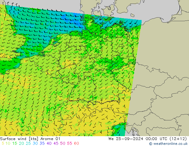 Surface wind Arome 01 We 25.09.2024 00 UTC