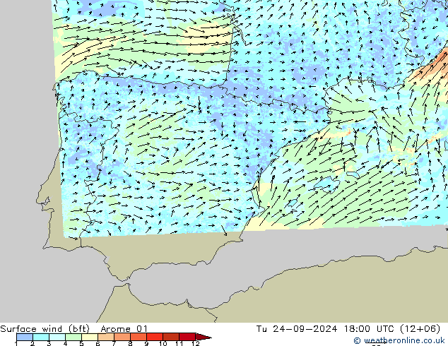 Surface wind (bft) Arome 01 Tu 24.09.2024 18 UTC