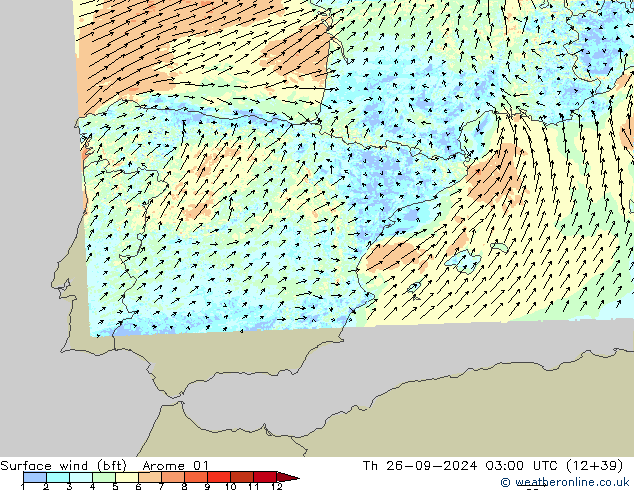 Surface wind (bft) Arome 01 Th 26.09.2024 03 UTC