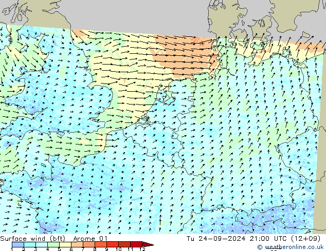 ве�Bе�@ 10 m (bft) Arome 01 вт 24.09.2024 21 UTC