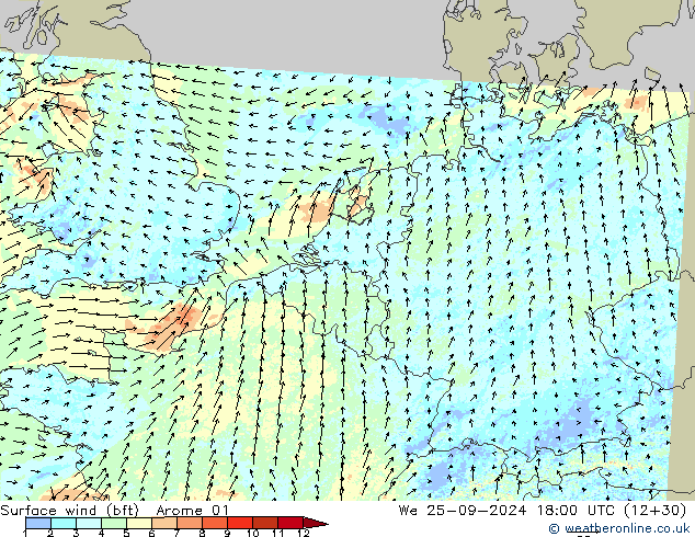 Bodenwind (bft) Arome 01 Mi 25.09.2024 18 UTC