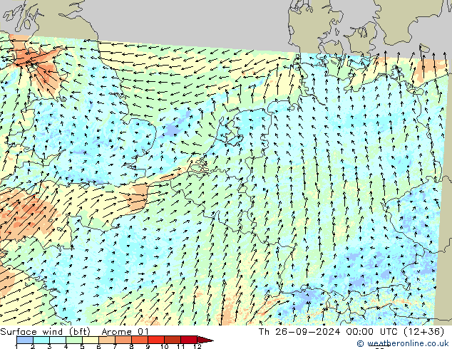  10 m (bft) Arome 01  26.09.2024 00 UTC