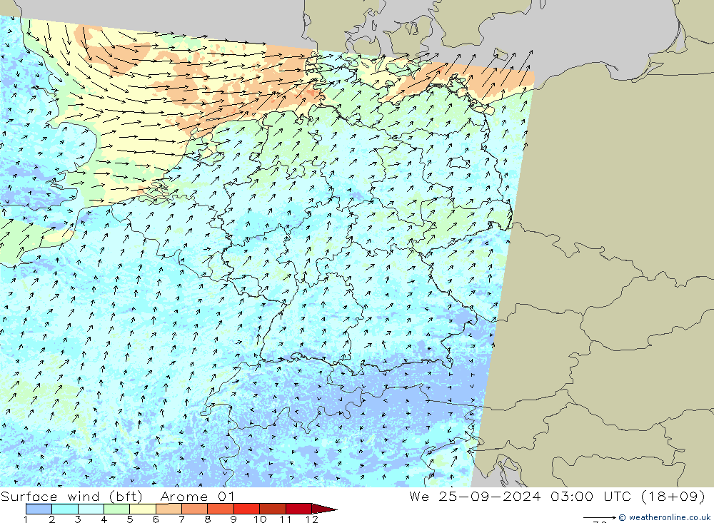 Surface wind (bft) Arome 01 We 25.09.2024 03 UTC