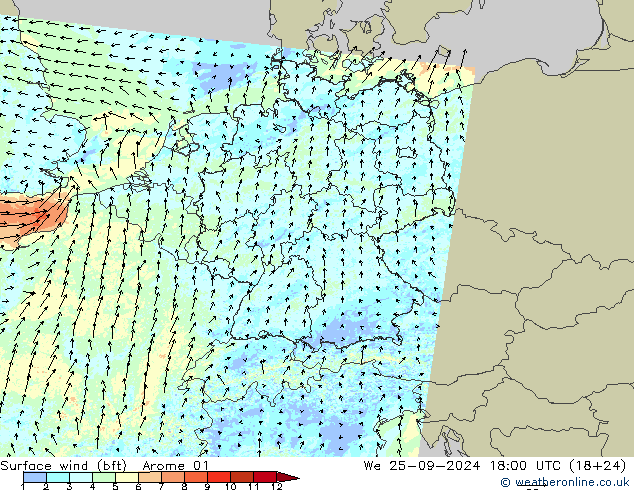 Vent 10 m (bft) Arome 01 mer 25.09.2024 18 UTC