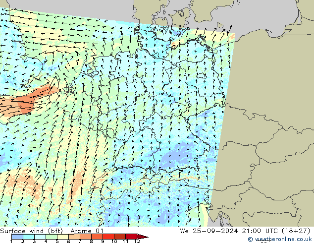 Vento 10 m (bft) Arome 01 mer 25.09.2024 21 UTC