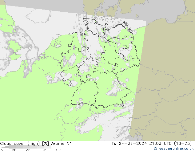 Cloud cover (high) Arome 01 Tu 24.09.2024 21 UTC