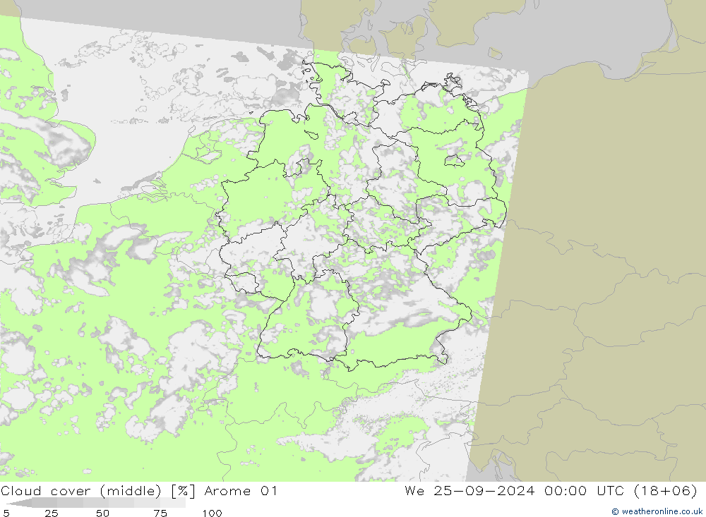 Cloud cover (middle) Arome 01 We 25.09.2024 00 UTC