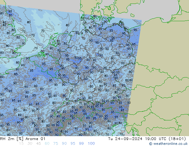 RH 2m Arome 01 Tu 24.09.2024 19 UTC
