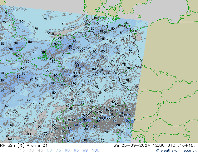 RH 2m Arome 01 We 25.09.2024 12 UTC