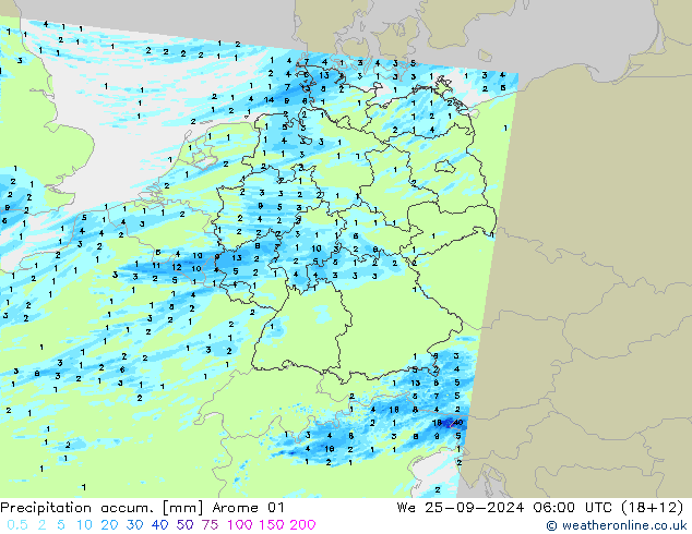 Precipitation accum. Arome 01 We 25.09.2024 06 UTC