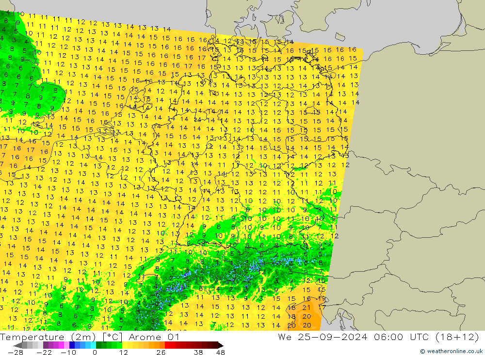 Temperatuurkaart (2m) Arome 01 wo 25.09.2024 06 UTC