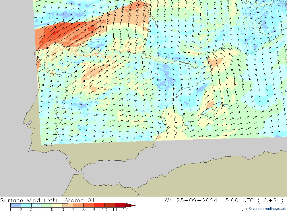 Viento 10 m (bft) Arome 01 mié 25.09.2024 15 UTC