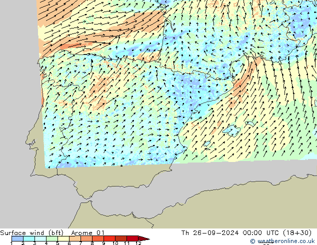 wiatr 10 m (bft) Arome 01 czw. 26.09.2024 00 UTC