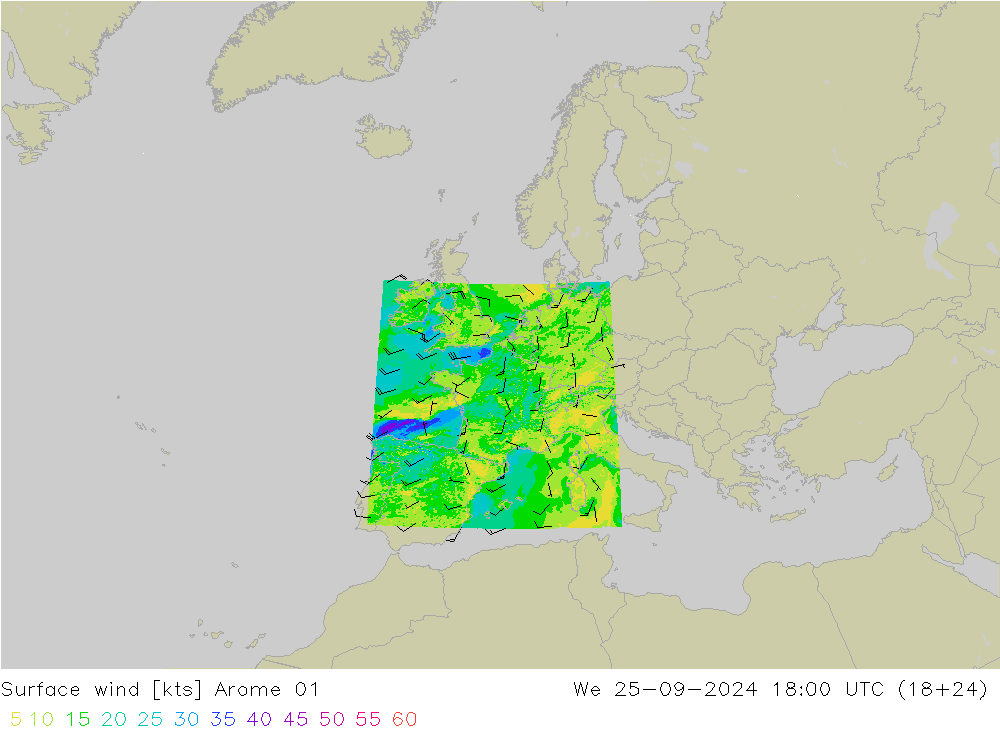 Rüzgar 10 m Arome 01 Çar 25.09.2024 18 UTC