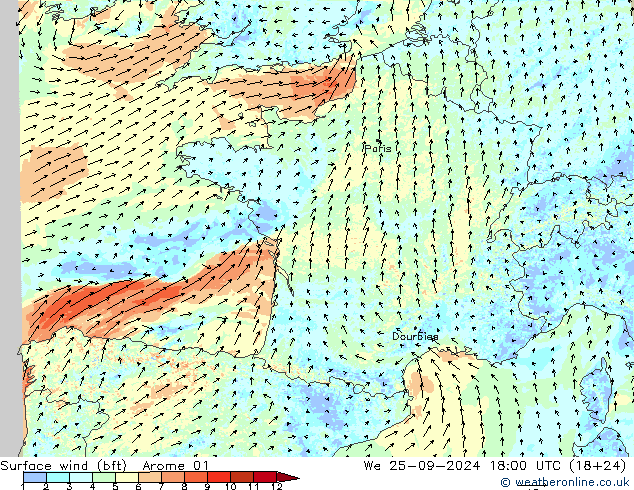 Vento 10 m (bft) Arome 01 mer 25.09.2024 18 UTC