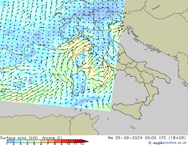 wiatr 10 m (bft) Arome 01 śro. 25.09.2024 00 UTC