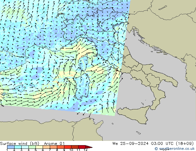 Rüzgar 10 m (bft) Arome 01 Çar 25.09.2024 03 UTC