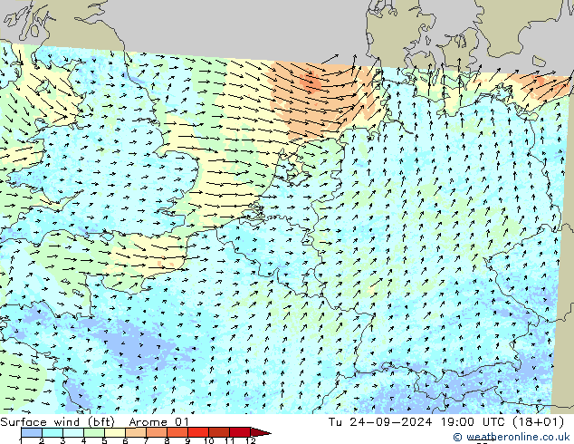 Surface wind (bft) Arome 01 Tu 24.09.2024 19 UTC