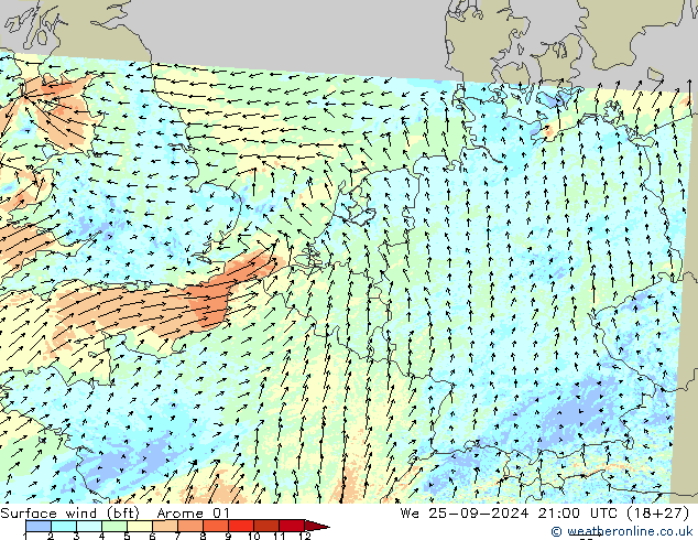 Rüzgar 10 m (bft) Arome 01 Çar 25.09.2024 21 UTC