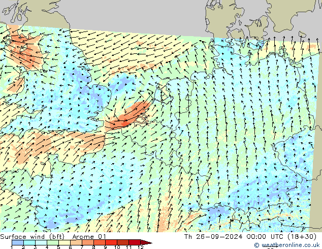  10 m (bft) Arome 01  26.09.2024 00 UTC