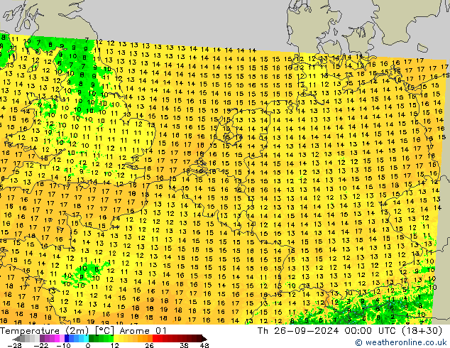 Sıcaklık Haritası (2m) Arome 01 Per 26.09.2024 00 UTC