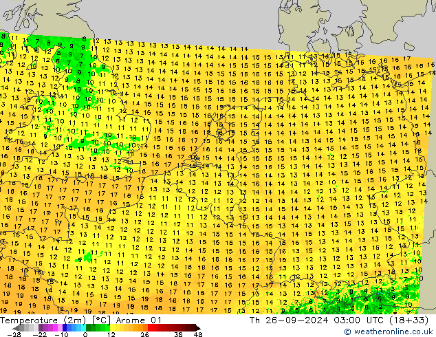 mapa temperatury (2m) Arome 01 czw. 26.09.2024 03 UTC