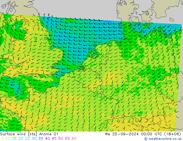 Surface wind Arome 01 We 25.09.2024 00 UTC