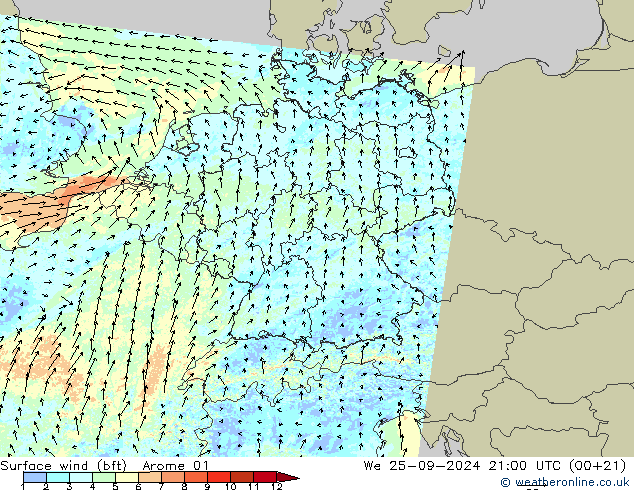 Vento 10 m (bft) Arome 01 Qua 25.09.2024 21 UTC