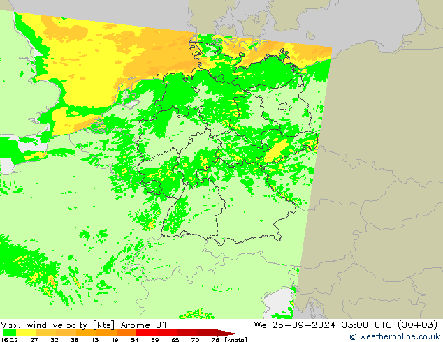 Max. wind velocity Arome 01 We 25.09.2024 03 UTC