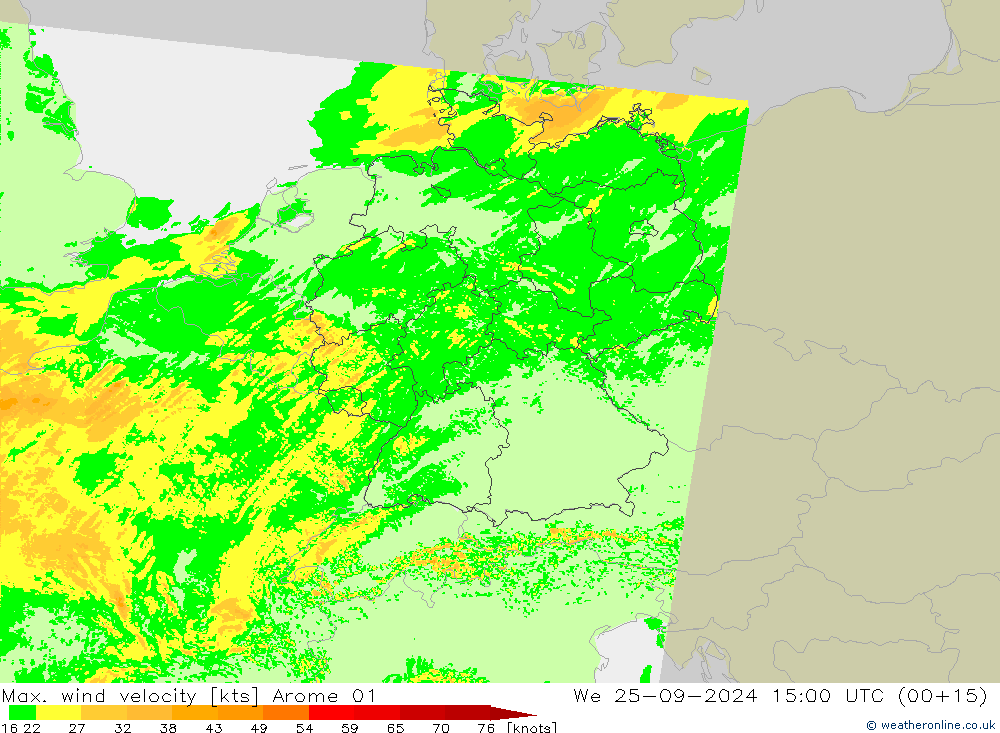 Max. wind velocity Arome 01 mer 25.09.2024 15 UTC