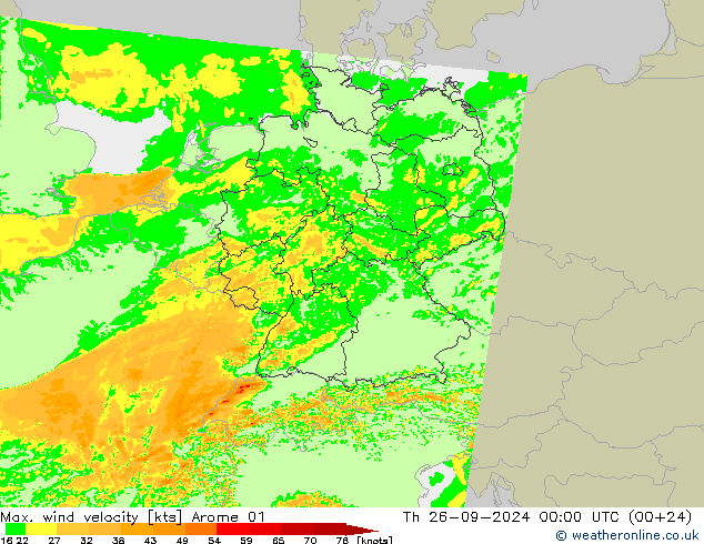 Max. wind velocity Arome 01 gio 26.09.2024 00 UTC