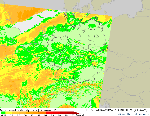 Max. wind snelheid Arome 01 do 26.09.2024 18 UTC