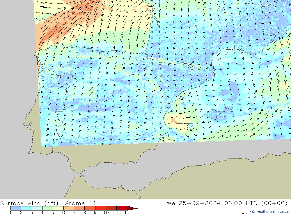 Vent 10 m (bft) Arome 01 mer 25.09.2024 06 UTC