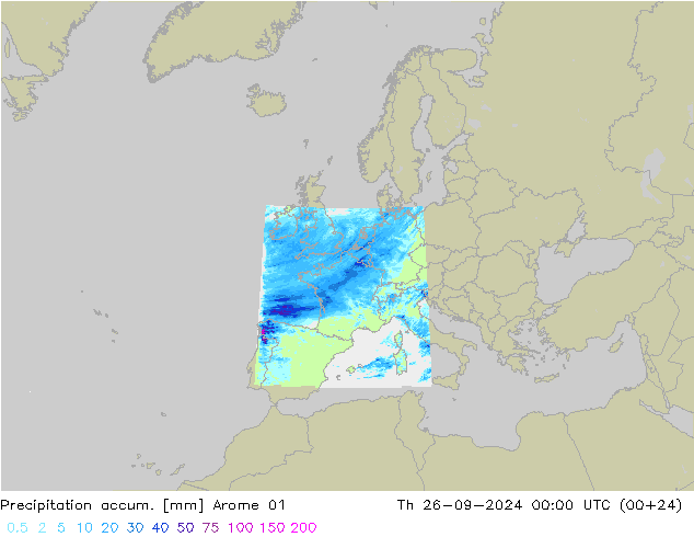 Totale neerslag Arome 01 do 26.09.2024 00 UTC