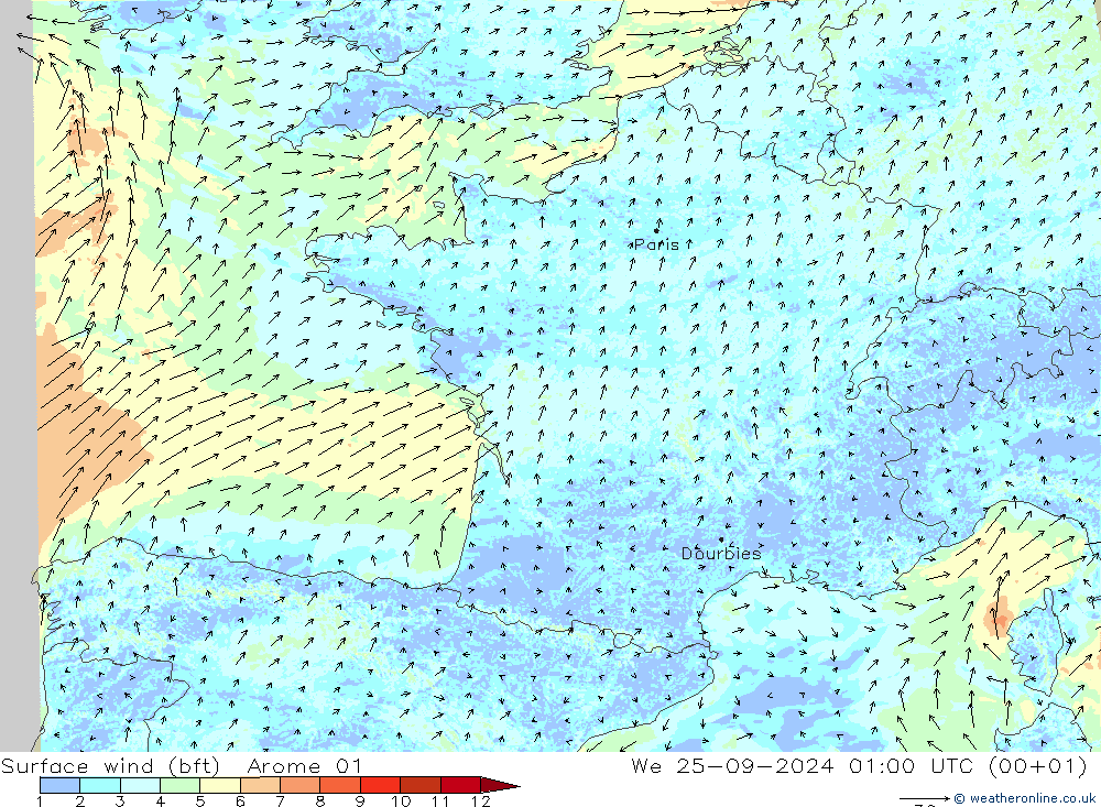 Surface wind (bft) Arome 01 We 25.09.2024 01 UTC